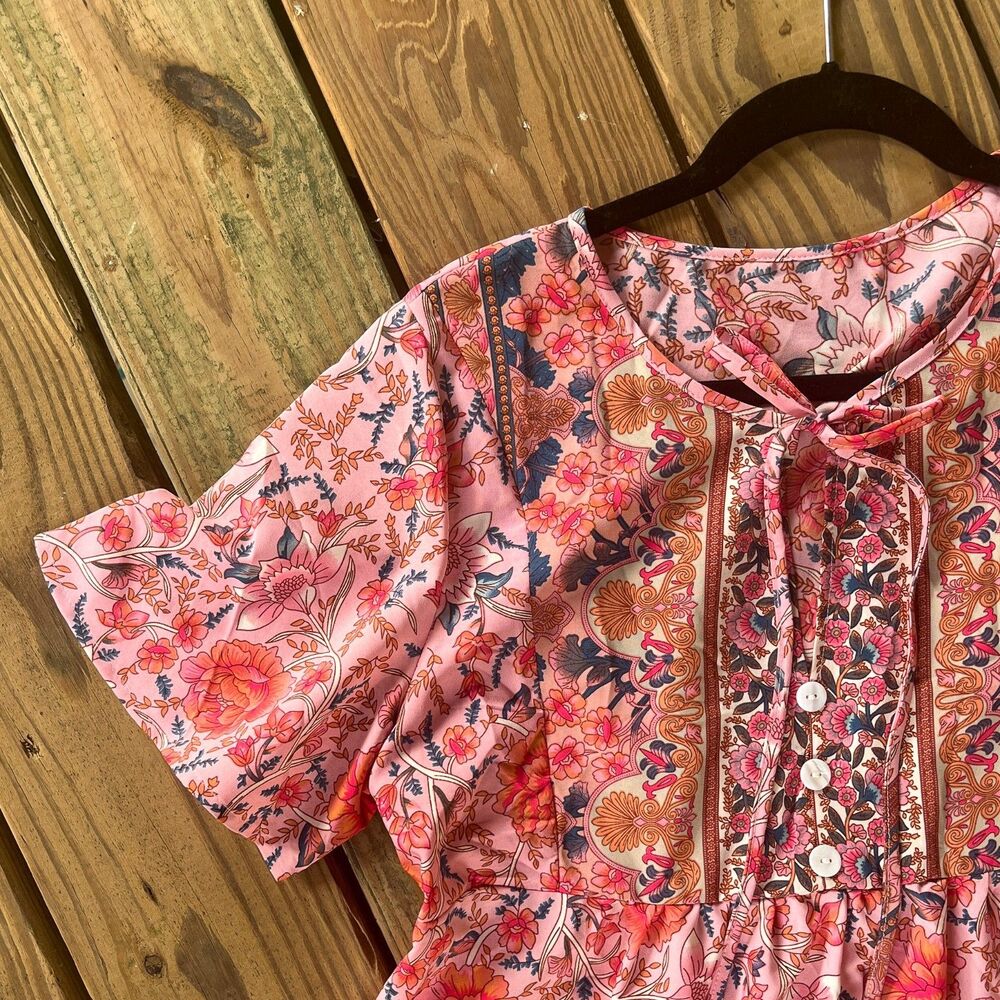 NWOT Shein Vcay Floral Tie Collar Dress - Ruffle Hem - Short Sleeve - Large - Picture 4 of 8